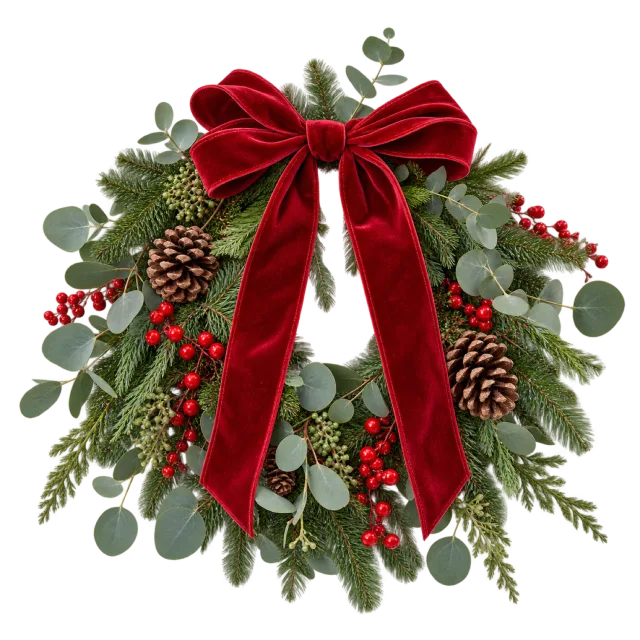 Green fir and eucalyptus wreath with a large red bow