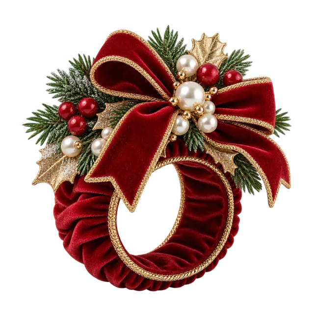 Burgundy napkin ring with a bow, pearl-like beads and greenery