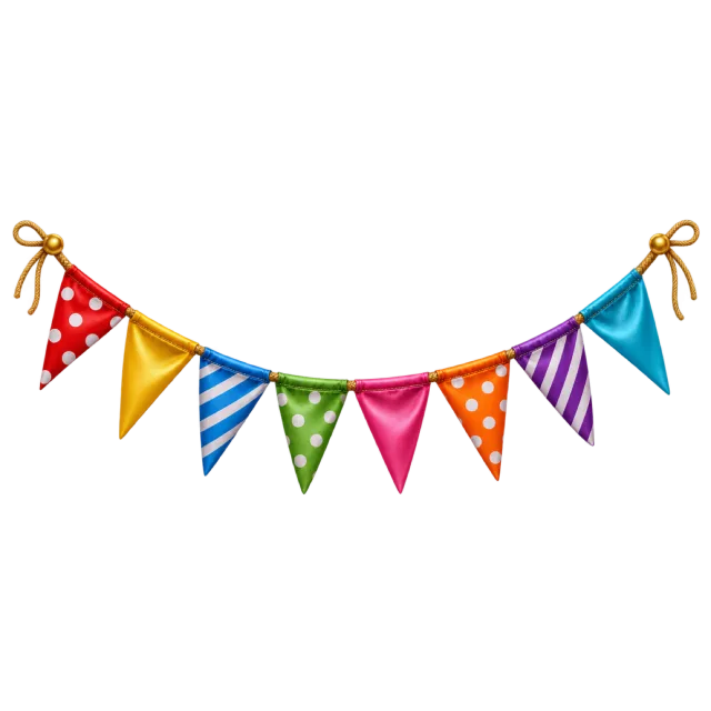 A curved string of multicolored triangular flags with stripes and dots