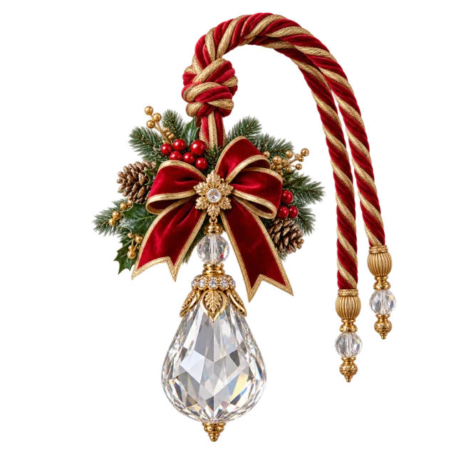 Braided curtain tieback with a red bow and clear teardrop ornament