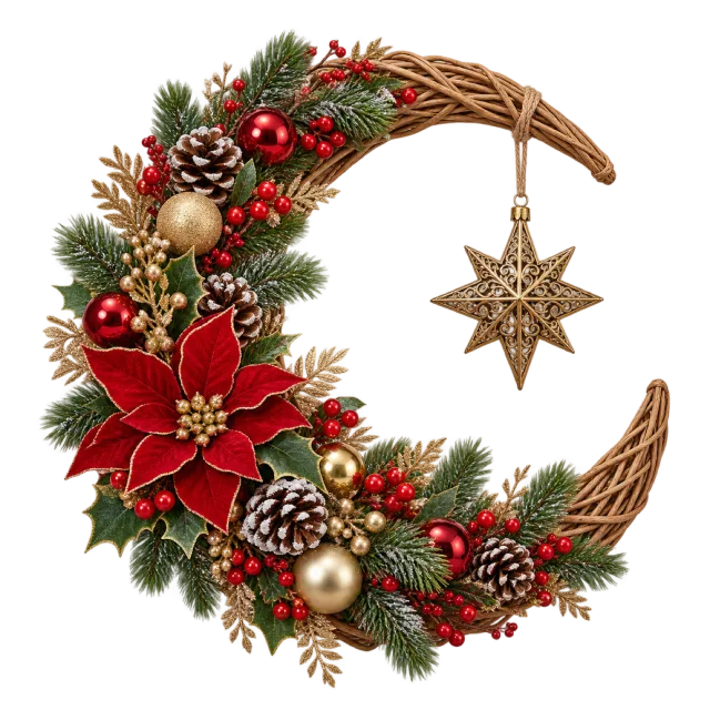 Woven crescent wreath with greenery, red flowers and a hanging star