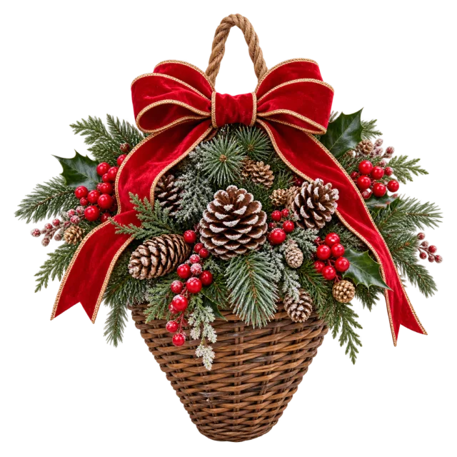 Woven wall basket filled with pinecones, berries and evergreen branches