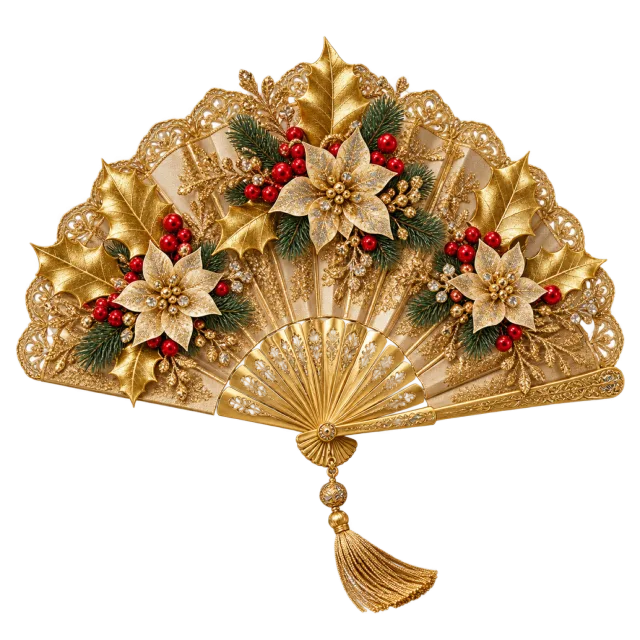 Golden decorative fan with pale flowers and a dangling ornament