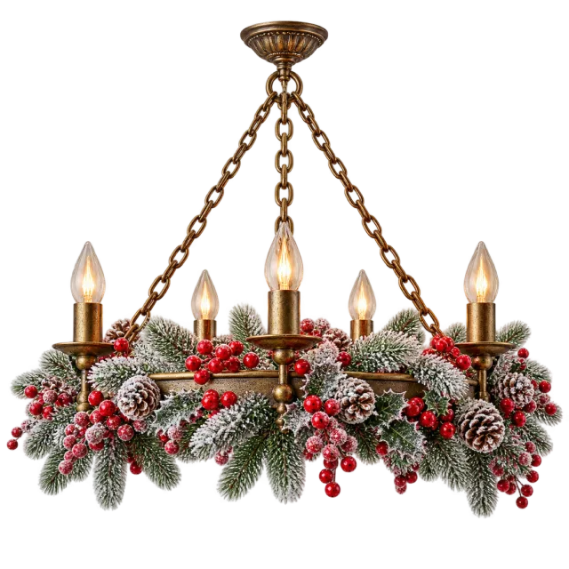 Hanging circular chandelier with frosted greenery, berries and candle lights