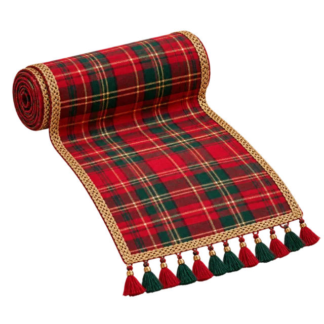 Rolled red tartan table runner with small tassels