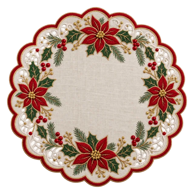 Round scalloped cream placemat embroidered with red flowers
