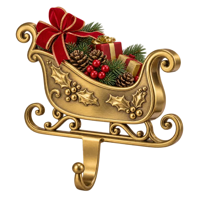 Gold-colored sleigh-shaped hook decorated with greenery and a red bow