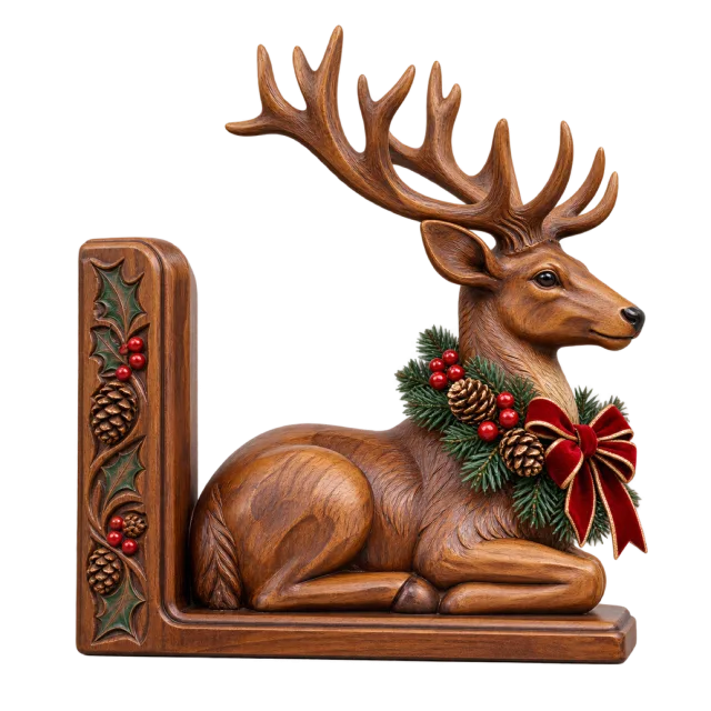 Carved brown reindeer bookend with a holly collar