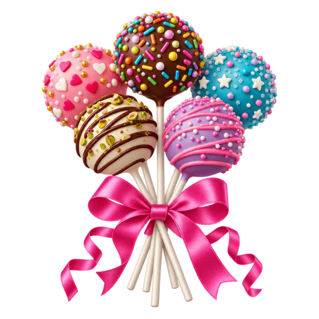 Decorated cake pops with sprinkles gathered together with a pink ribbon