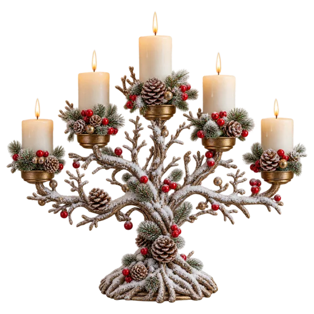 Branch-shaped candelabrum with white candles and frosted greenery