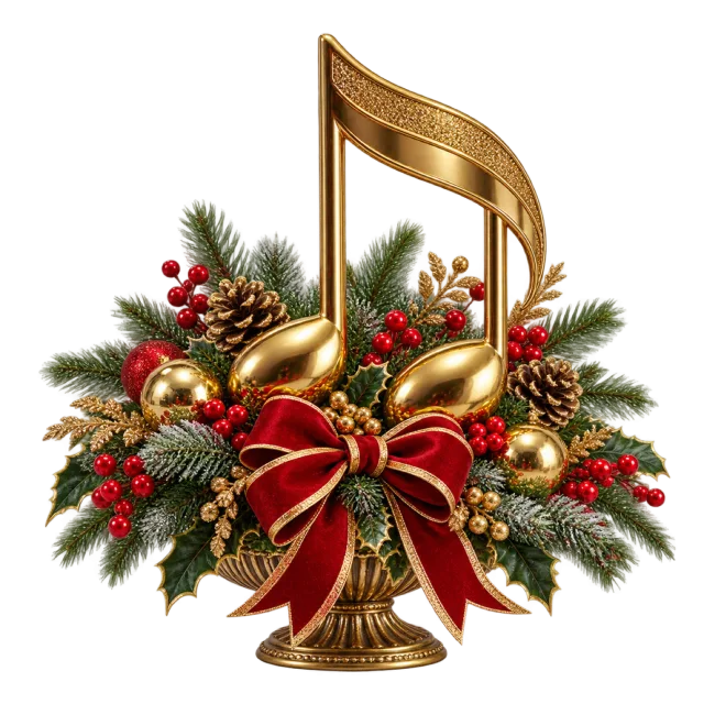 Golden musical-note centerpiece surrounded by festive foliage