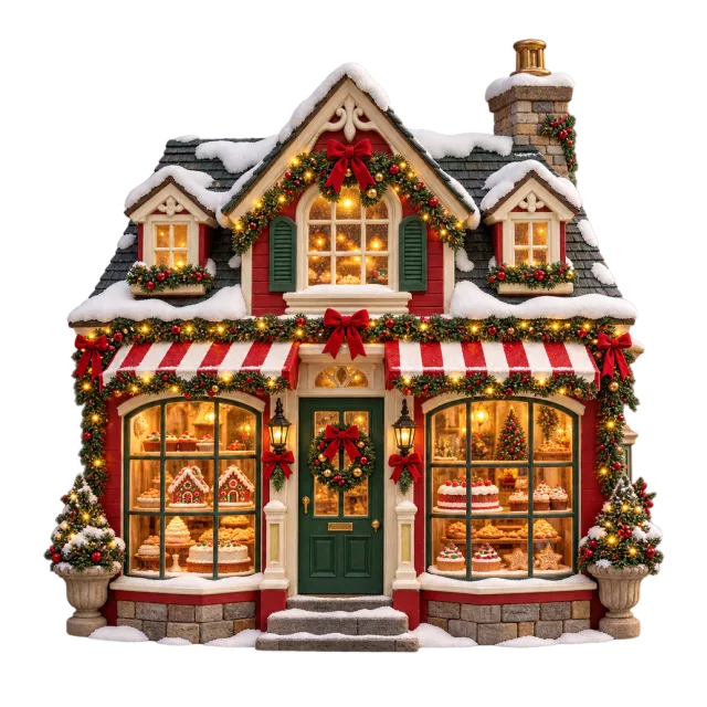 Snowy miniature bakery with glowing windows and a striped awning
