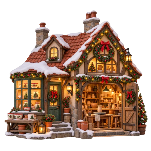 Miniature pottery shop with snowy roof and pottery visible inside