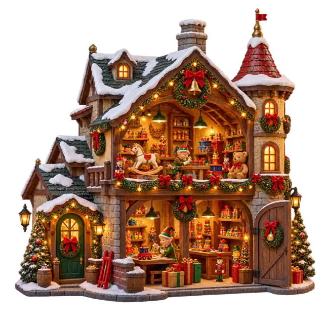 Glowing miniature toy workshop with snowy roofs and festive garlands