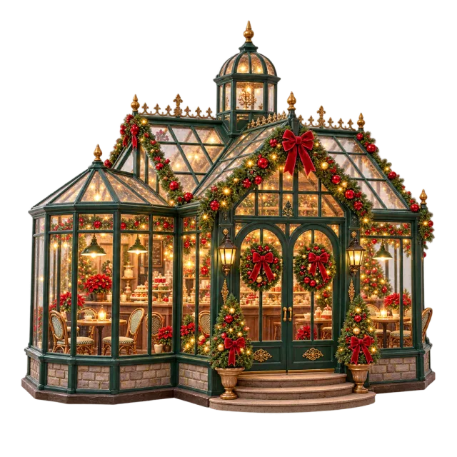 Decorated glasshouse cafe with transparent walls and warm interior lights
