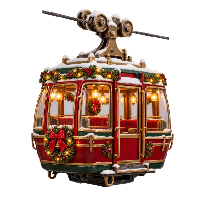 Red miniature cable car with glowing windows and festive greenery
