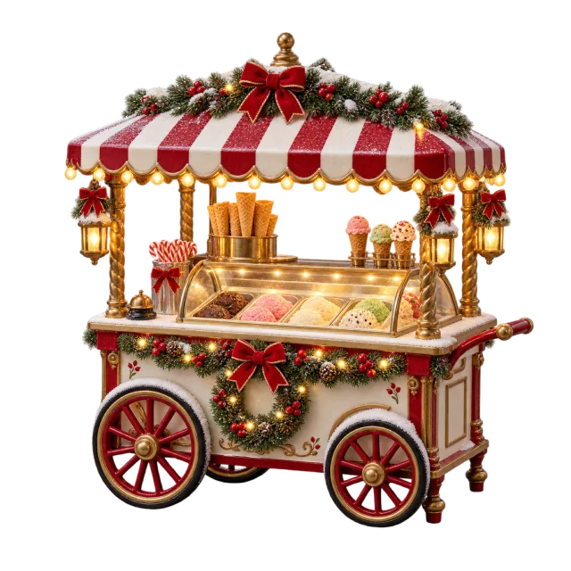 Miniature ice cream cart with a striped canopy and festive garlands