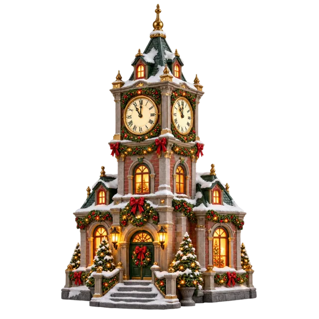 Snow-covered miniature clock tower with glowing windows