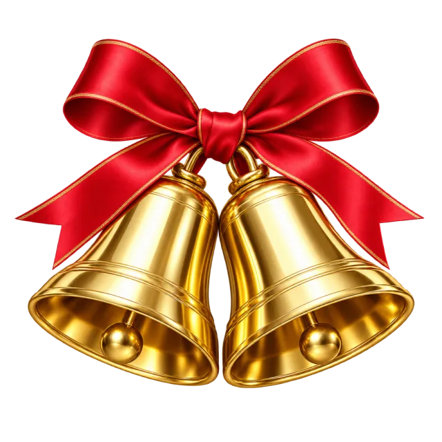 Two polished golden bells suspended beneath a red satin ribbon bow