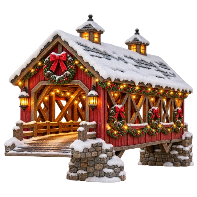 Snowy wooden covered bridge decorated with red bows and lights