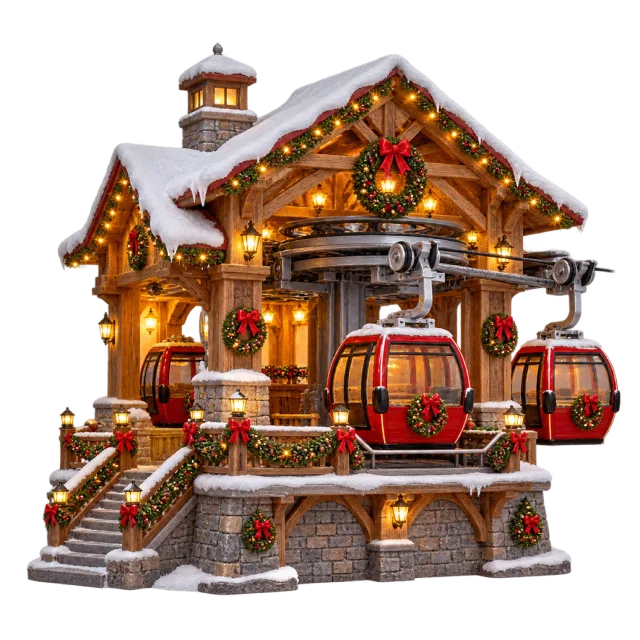 Miniature alpine station with red cable cars and snowy roofing