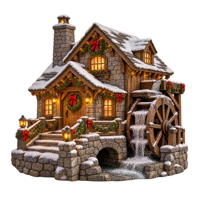 Snowy miniature watermill with a large wooden wheel