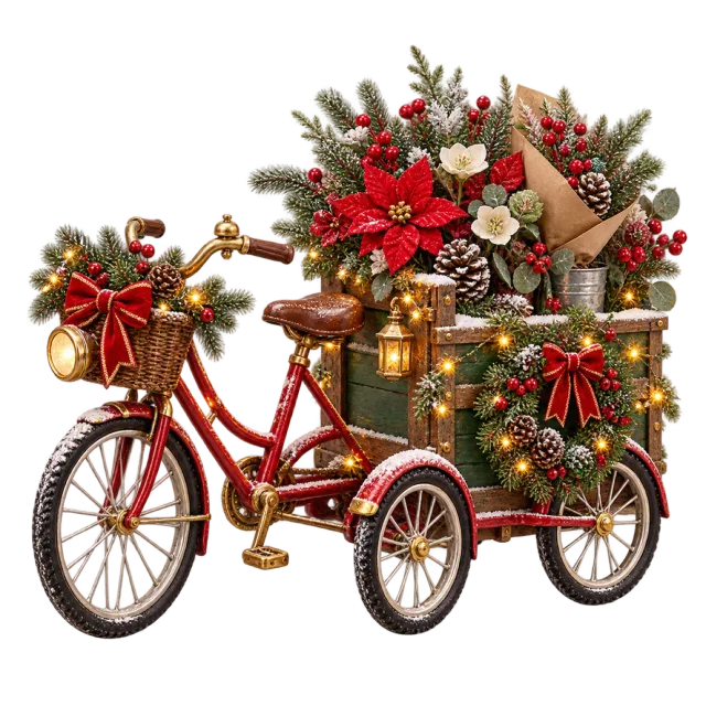 Red florist bicycle loaded with festive flowers and baskets