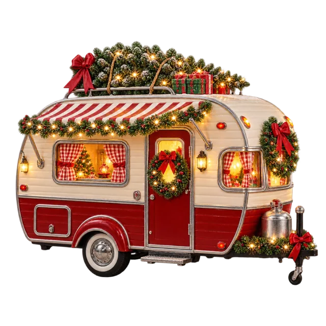 Red and cream camper trailer decorated with a wreath and gifts