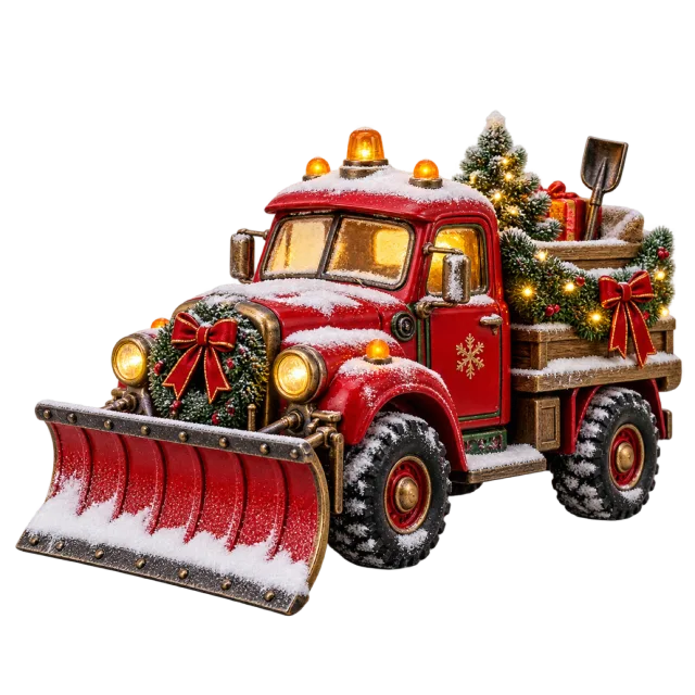 Red snowplow carrying festive greenery and equipment