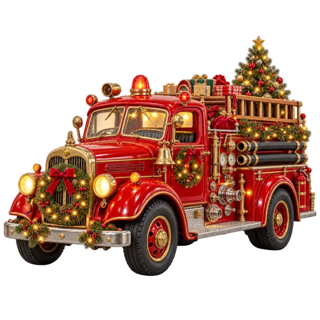 Red vintage fire engine decorated with lights and presents