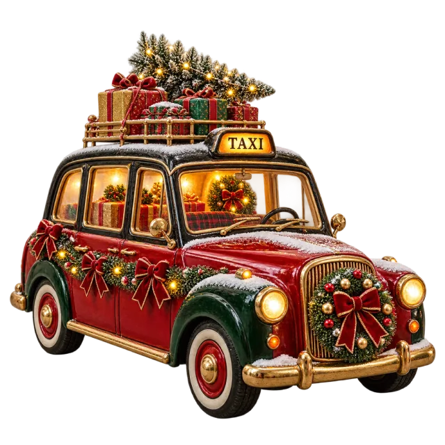 Vintage taxi with gifts and a fir tree on its roof