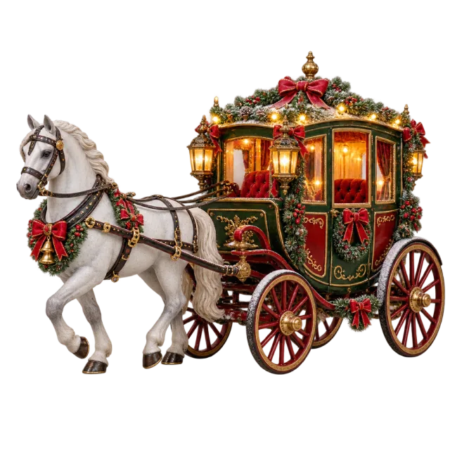 White horse pulling an ornate red and green carriage