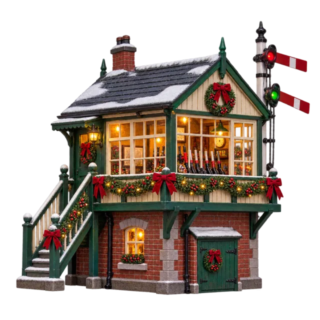 Snowy miniature railway signal box decorated with garlands