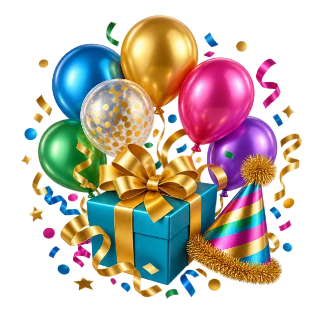 A blue gift box surrounded by colorful balloons, confetti and a striped party hat