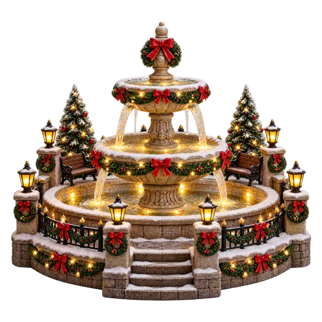 Tiered village fountain surrounded by lanterns and Christmas trees
