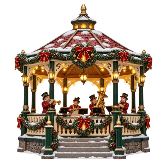 Festive bandstand with musicians and warm hanging lights