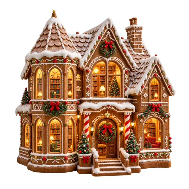 Gingerbread-style library with snowy trim and glowing windows