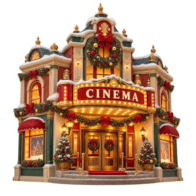 Miniature cinema facade with red signage and festive lights