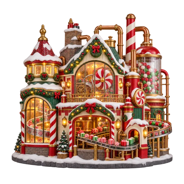 Colorful candy factory with striped pipes and snowy roofs