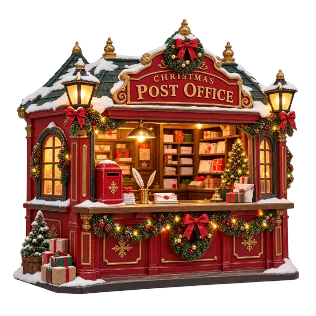 Decorated miniature post office with a service counter and parcels