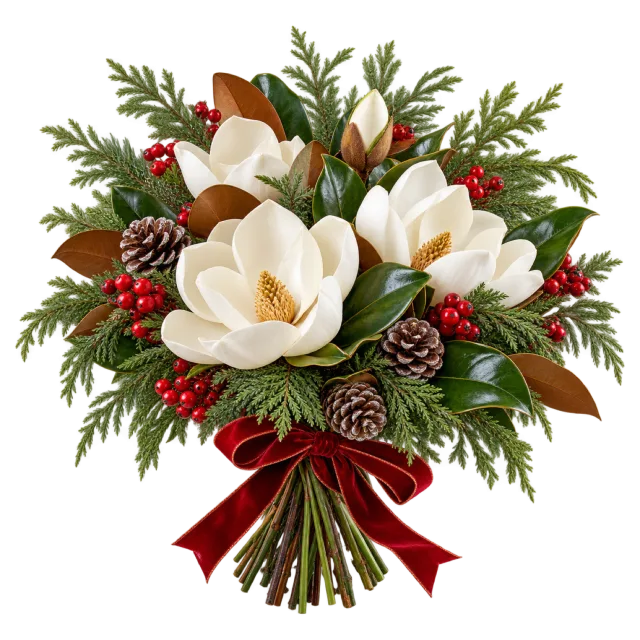 Cream magnolia bouquet with cedar foliage, berries and a red bow
