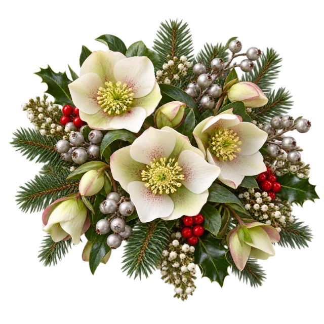 White hellebore flowers with silver-colored berries and evergreen sprigs
