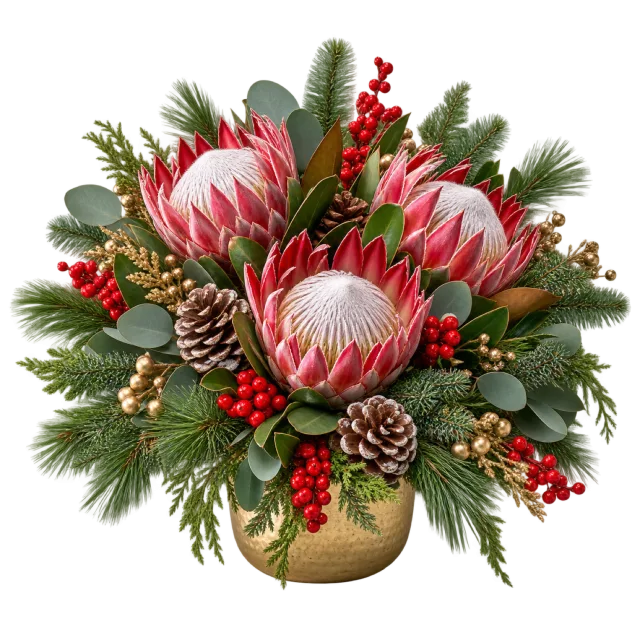 Pink protea arrangement with pinecones and red berries
