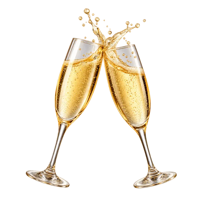 Two slender champagne glasses tilted together with a golden splash above them