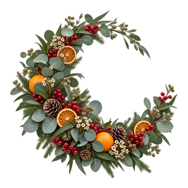 Crescent greenery arrangement with orange slices and red berries