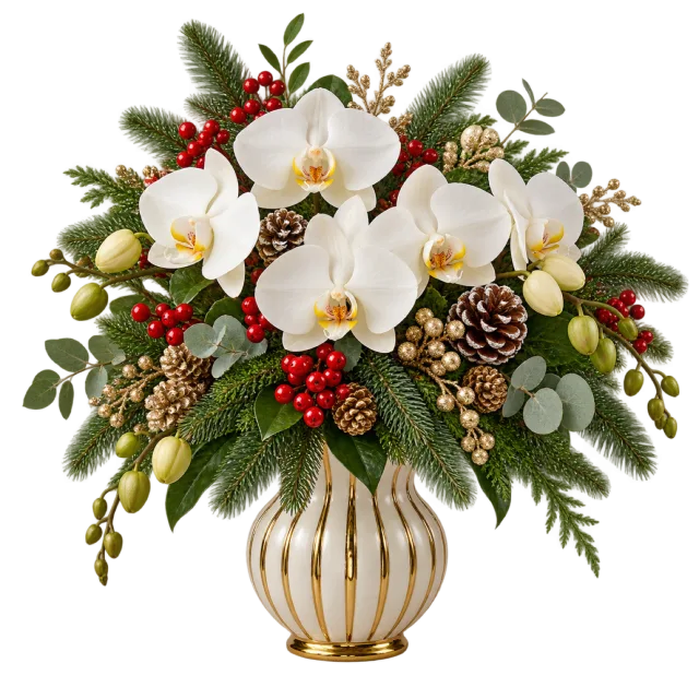 White orchids and evergreen foliage in a cream and gold-colored vase