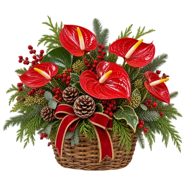 Red anthuriums and greenery in a ribboned wicker basket