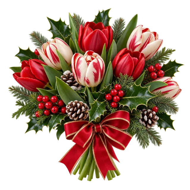 Red and white tulips with holly and a large red bow