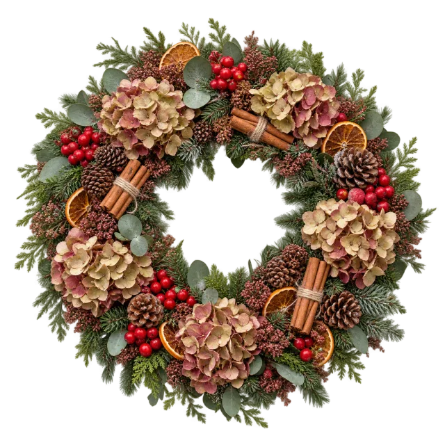 Round wreath of dried flowers, cinnamon sticks and pinecones