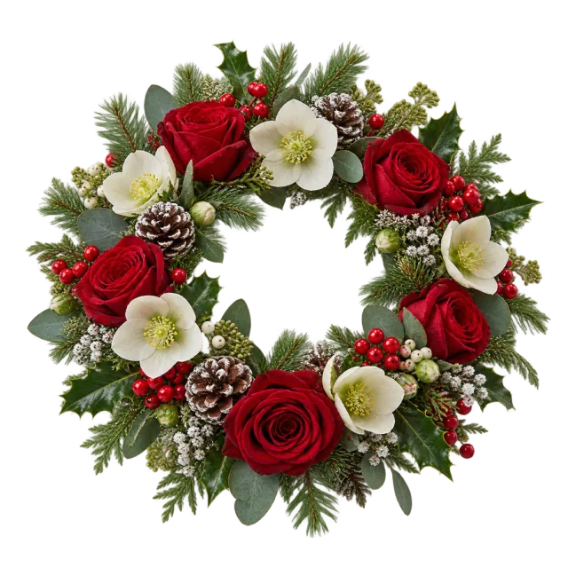 Circular red and cream rose wreath with evergreen foliage